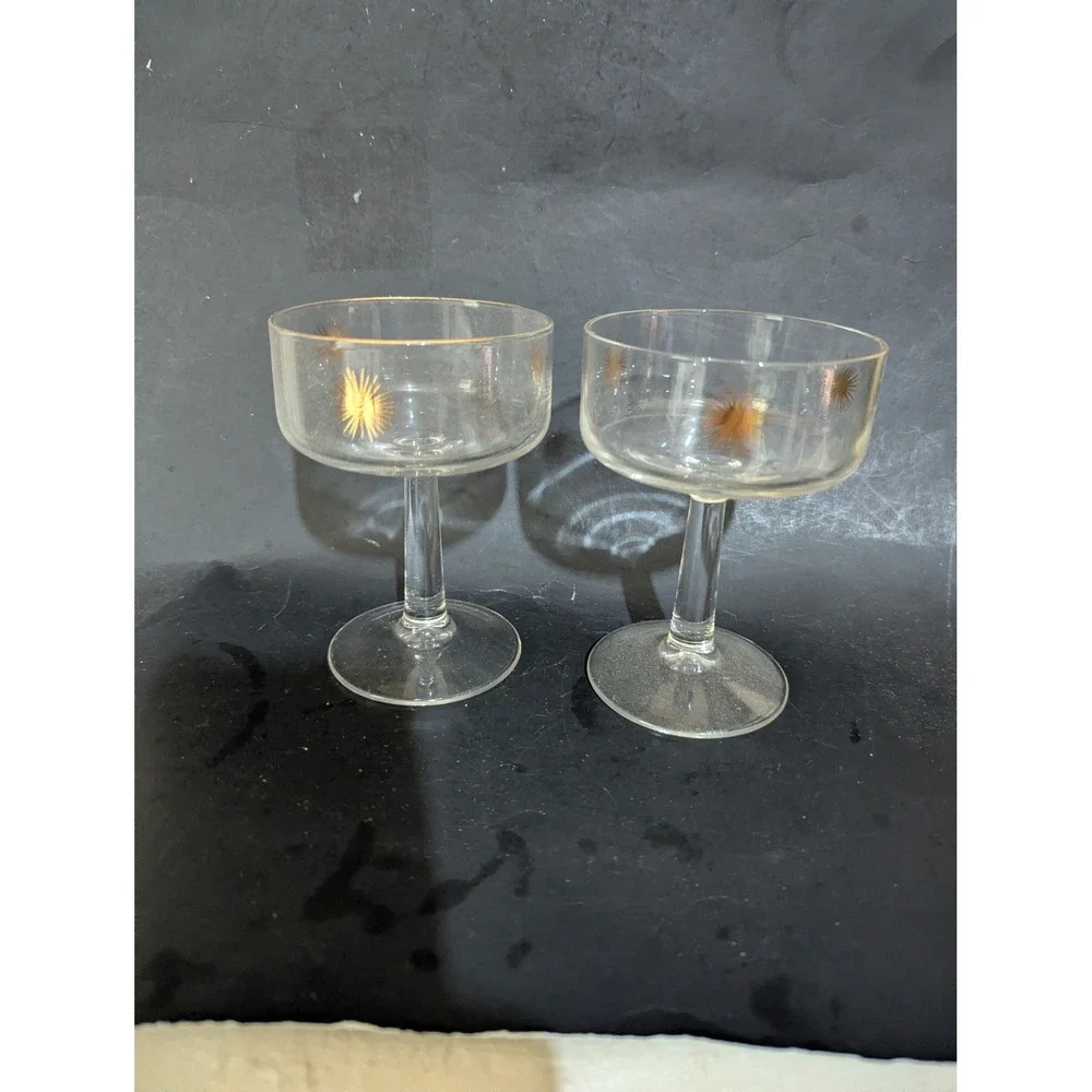 Vintage Mid Century Atomic Gold Starburst Champagne Coupe Glasses Set of 2